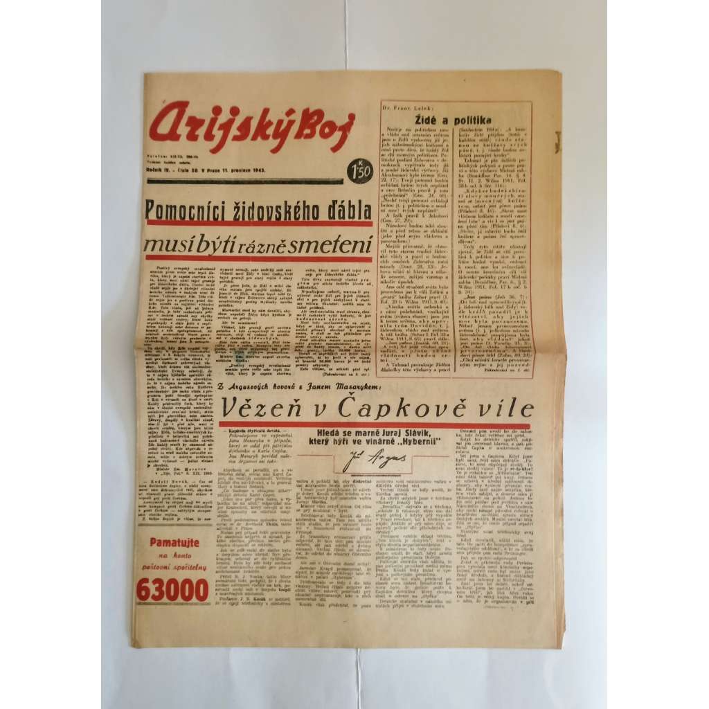 Arijský boj, ročník IV., číslo 50/1943 - Ústřední list protižidovské ligy [časopis kolaborantů, nacismus, antisemitismus, protižidovské, Židé]