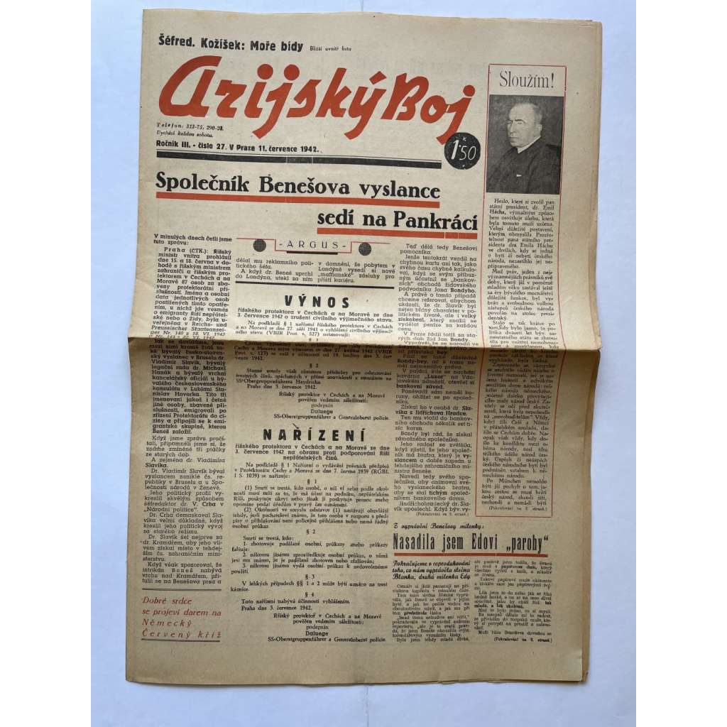Arijský boj, ročník III., číslo 27/1942 - Ústřední list protižidovské ligy [časopis kolaborantů, nacismus, antisemitismus, protižidovské, Židé]