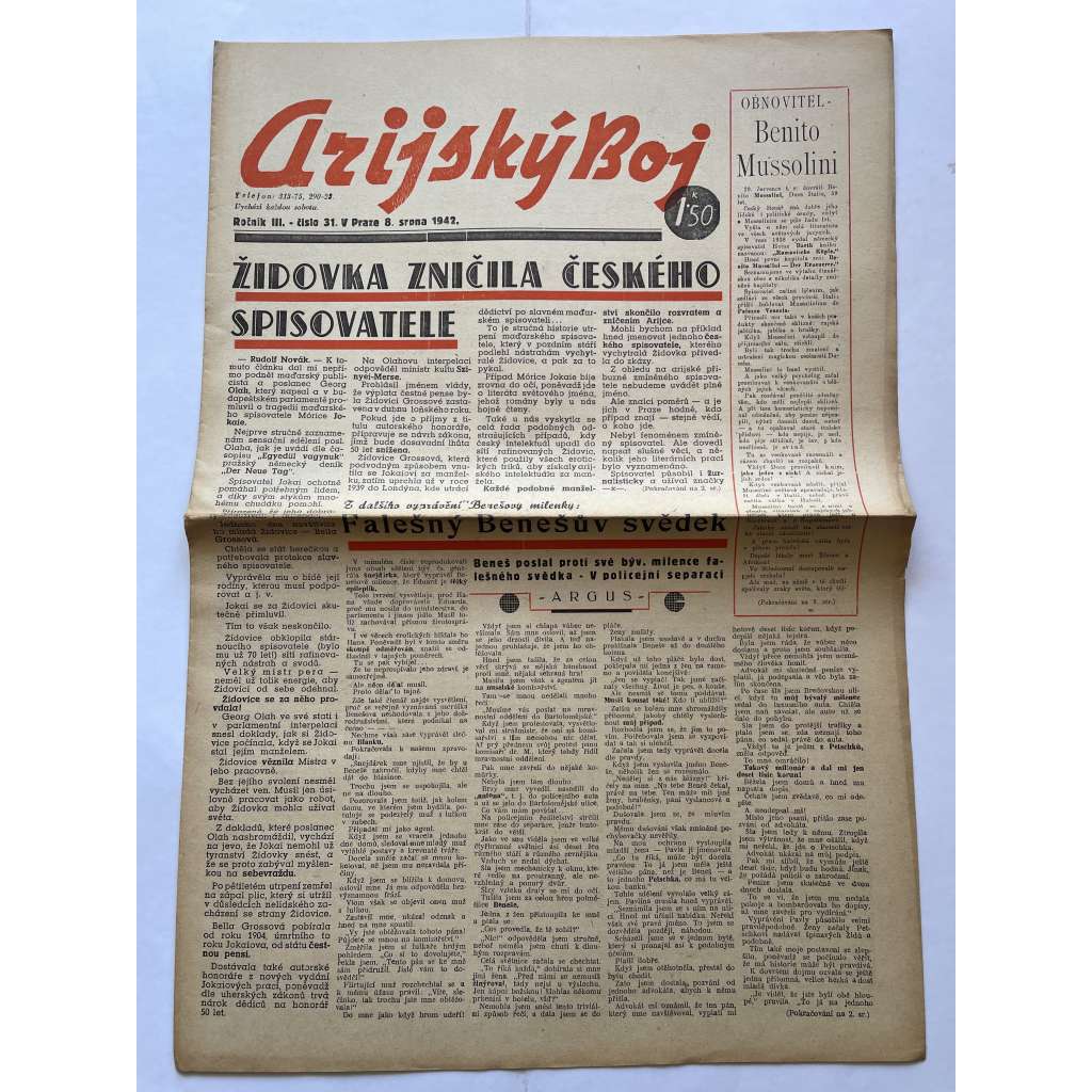 Arijský boj, ročník III., číslo 31/1942 - Ústřední list protižidovské ligy [časopis kolaborantů, nacismus, antisemitismus, protižidovské, Židé]