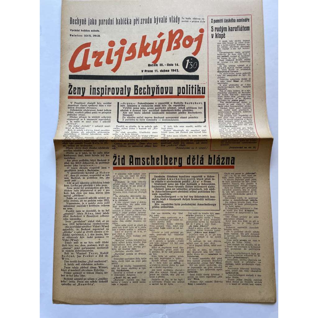 Arijský boj, ročník III., číslo 14/1942 - Ústřední list protižidovské ligy [časopis kolaborantů, nacismus, antisemitismus, protižidovské, Židé]
