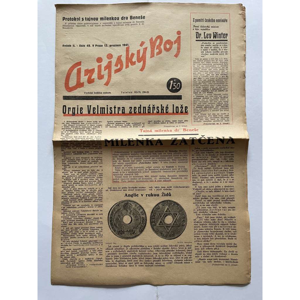 Arijský boj, ročník II., číslo 49/1941 - Ústřední list protižidovské ligy [časopis kolaborantů, nacismus, antisemitismus, protižidovské, Židé]