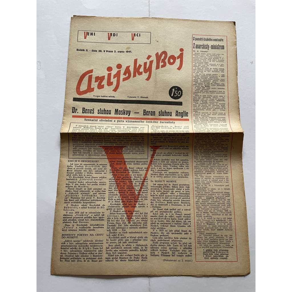 Arijský boj, ročník II., číslo 30/1941 - Ústřední list protižidovské ligy [časopis kolaborantů, nacismus, antisemitismus, protižidovské, Židé]