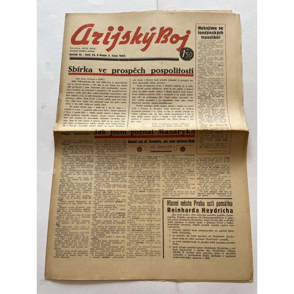 Arijský boj, ročník III., číslo 39/1942 - Ústřední list protižidovské ligy [časopis kolaborantů, nacismus, antisemitismus, protižidovské, Židé]