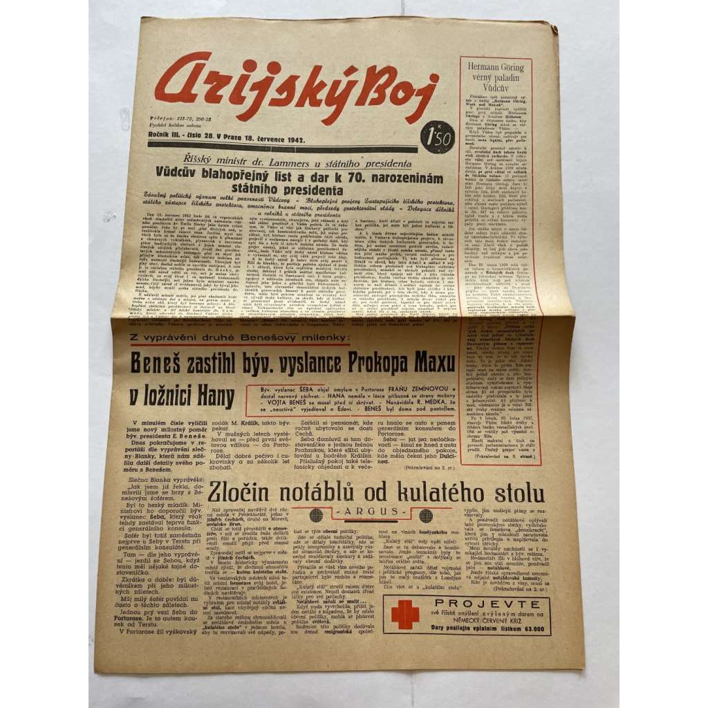 Arijský boj, ročník III., číslo 28/1942 - Ústřední list protižidovské ligy [časopis kolaborantů, nacismus, antisemitismus, protižidovské, Židé]