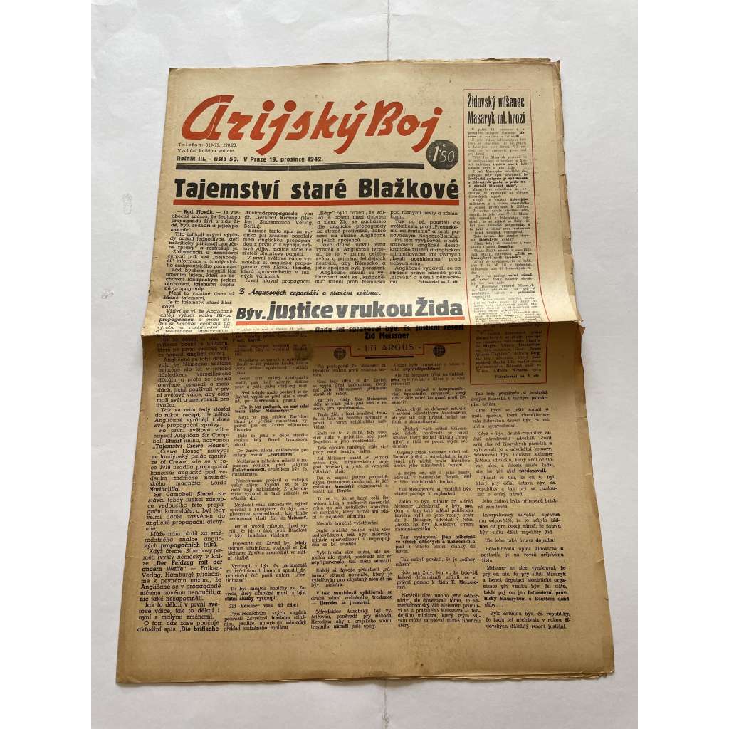 Arijský boj, ročník III., číslo 50/1942 - Ústřední list protižidovské ligy [časopis kolaborantů, nacismus, antisemitismus, protižidovské, Židé]