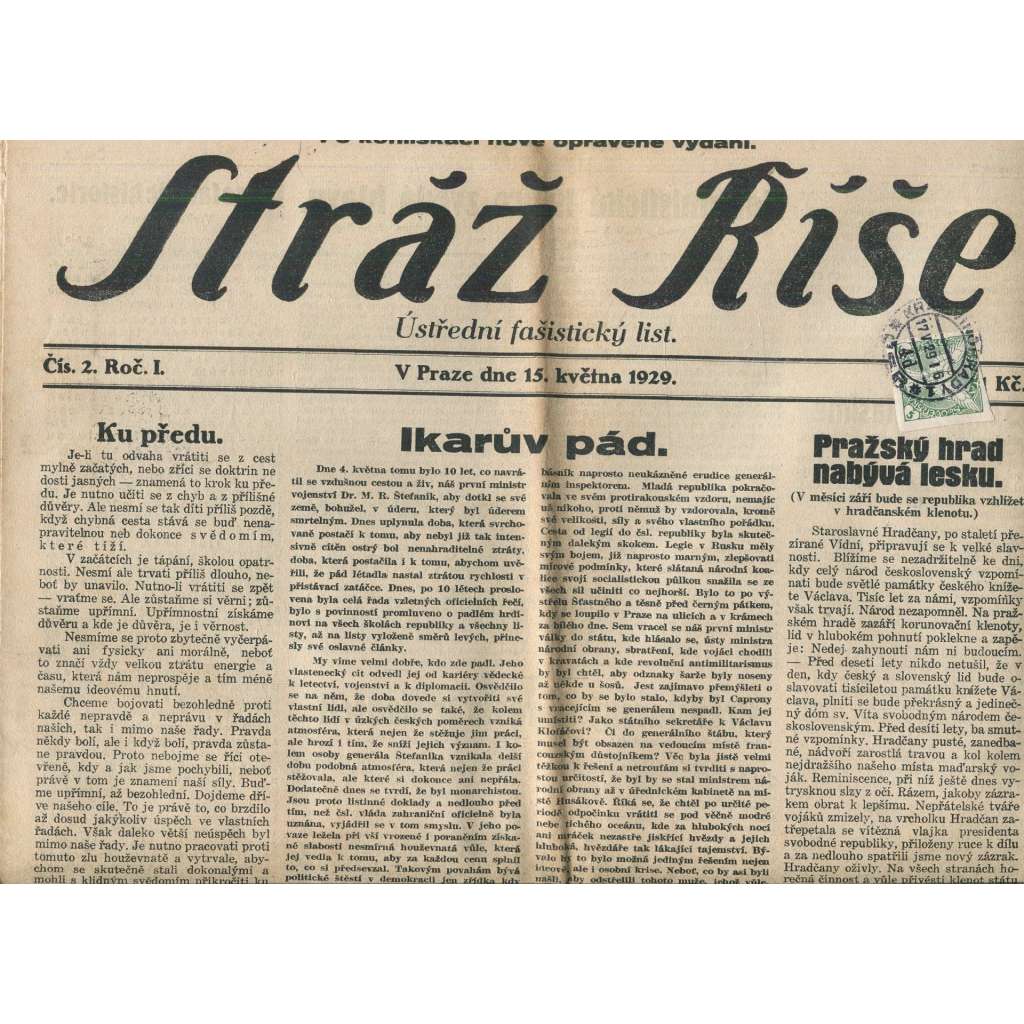 Stráž Říše, ročník I., číslo 1/1929 (noviny, 1. republika)