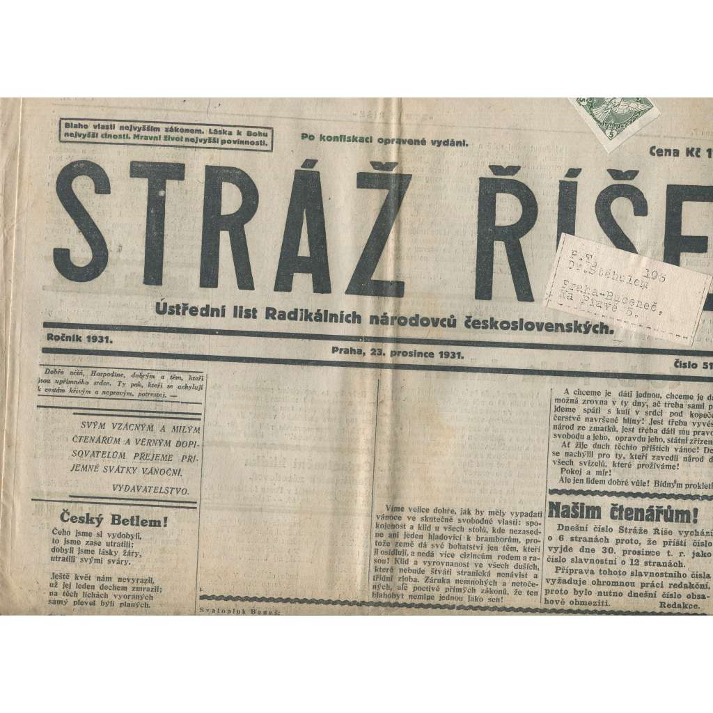 Stráž Říše, číslo 51/1931. Ústřední list Radikálních národovců československých (noviny, 1. republika)