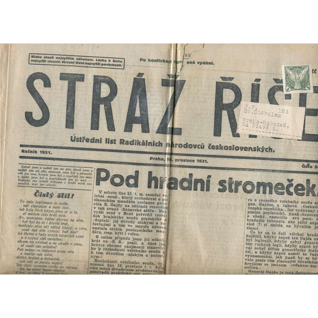 Stráž Říše, číslo 50/1931. Ústřední list Radikálních národovců československých (noviny, 1. republika)