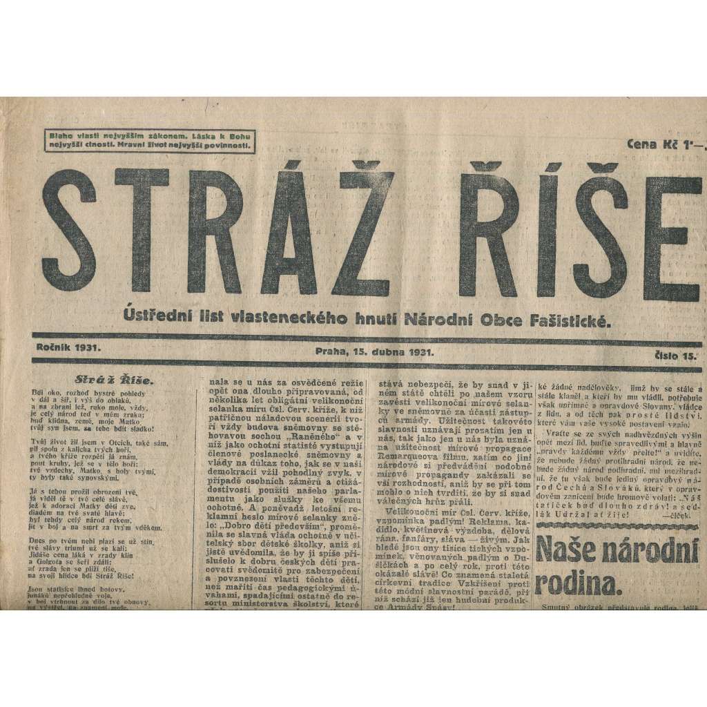 Stráž Říše, číslo 15/1931. Ústřední list Radikálních národovců československých (noviny, 1. republika)