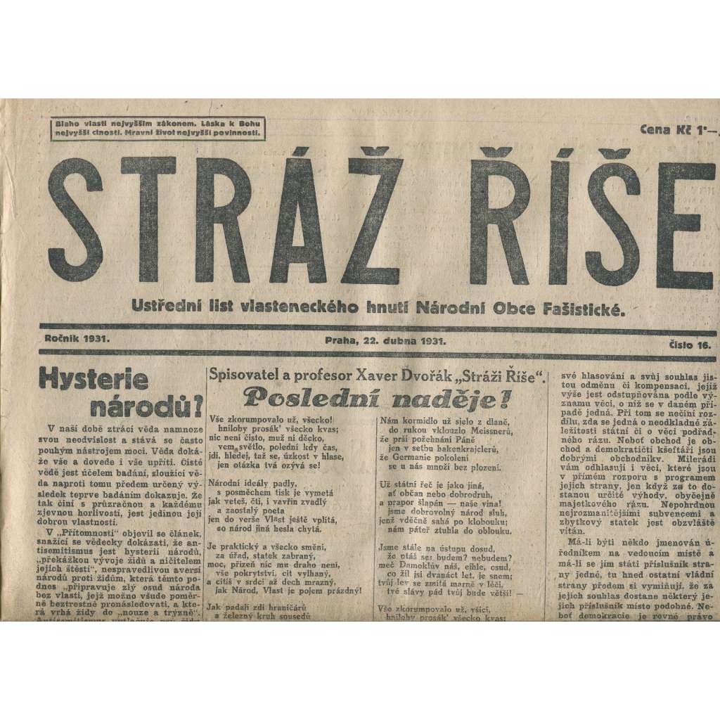 Stráž Říše, číslo 16/1931. Ústřední list Radikálních národovců československých (noviny, 1. republika)