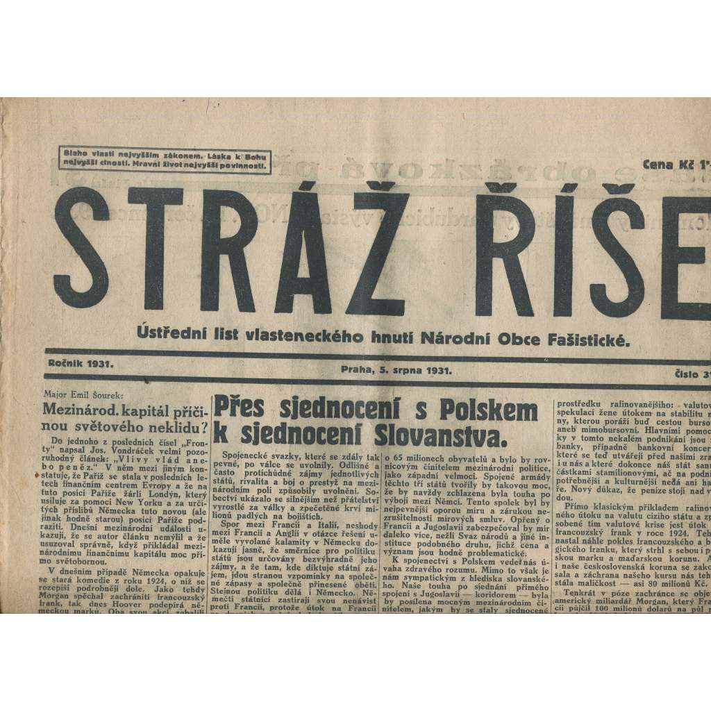 Stráž Říše, číslo 31/1931. Ústřední list Radikálních národovců československých (noviny, 1. republika)