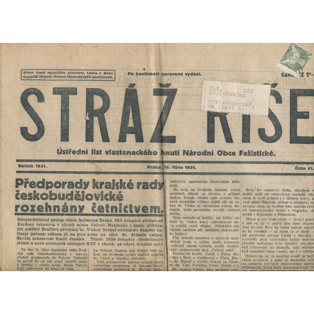 Stráž Říše, číslo 41/1931. Ústřední list Radikálních národovců československých (noviny, 1. republika)