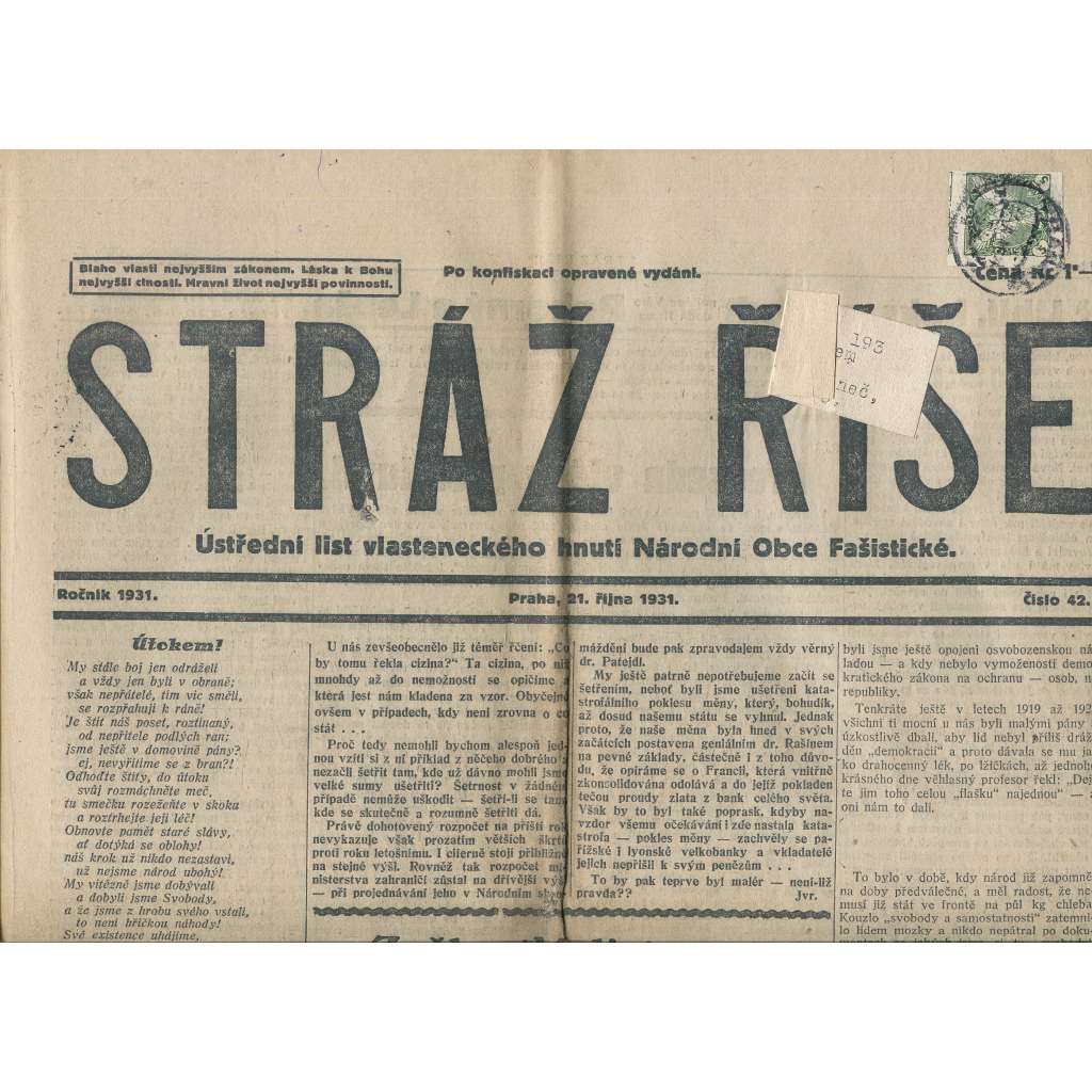 Stráž Říše, číslo 42/1931. Ústřední list Radikálních národovců československých (noviny, 1. republika)