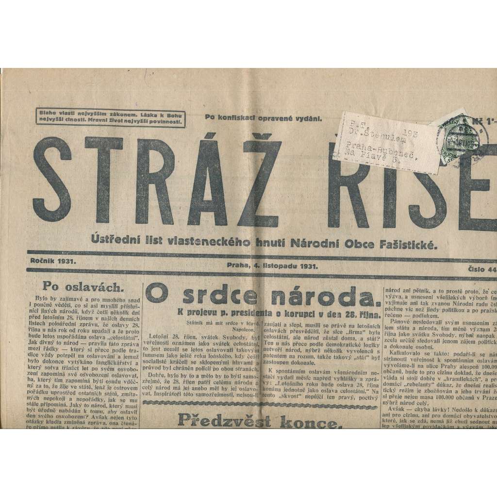 Stráž Říše, číslo 44/1931. Ústřední list Radikálních národovců československých (noviny, 1. republika)