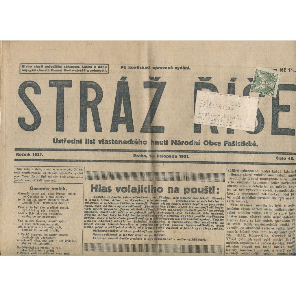 Stráž Říše, číslo 46/1931. Ústřední list Radikálních národovců československých (noviny, 1. republika)