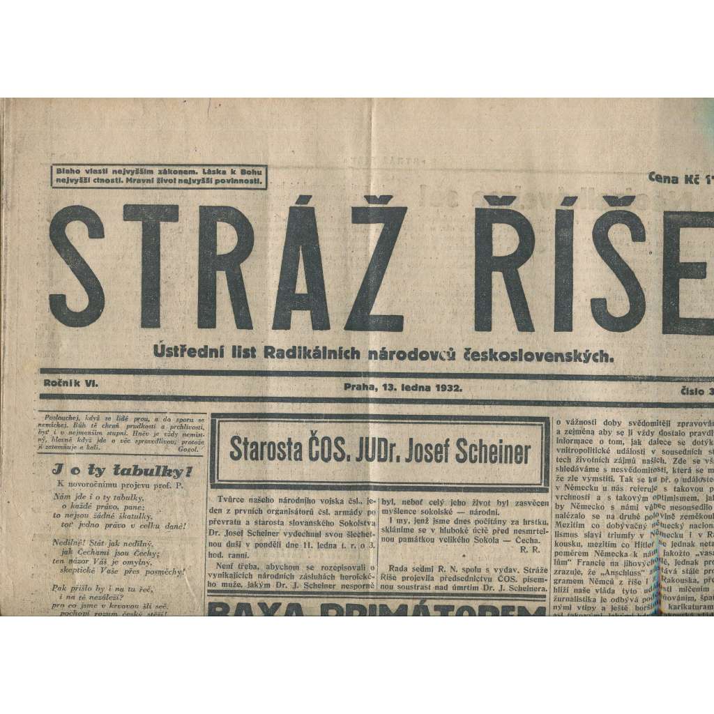 Stráž Říše, ročník VI., číslo 3/1932. Ústřední list Radikálních národovců československých (noviny, 1. republika)