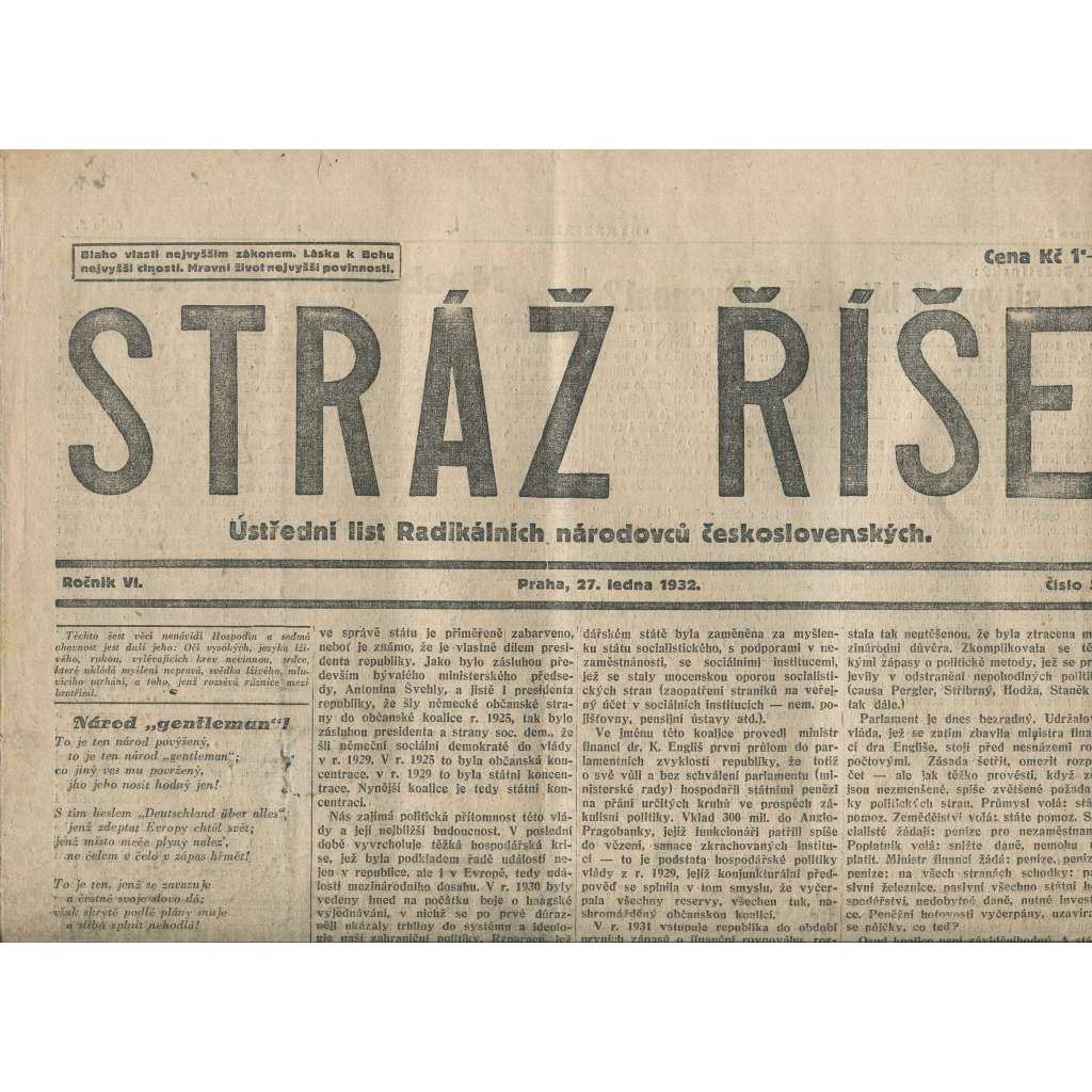 Stráž Říše, ročník VI., číslo 5/1932. Ústřední list Radikálních národovců československých (noviny, 1. republika)