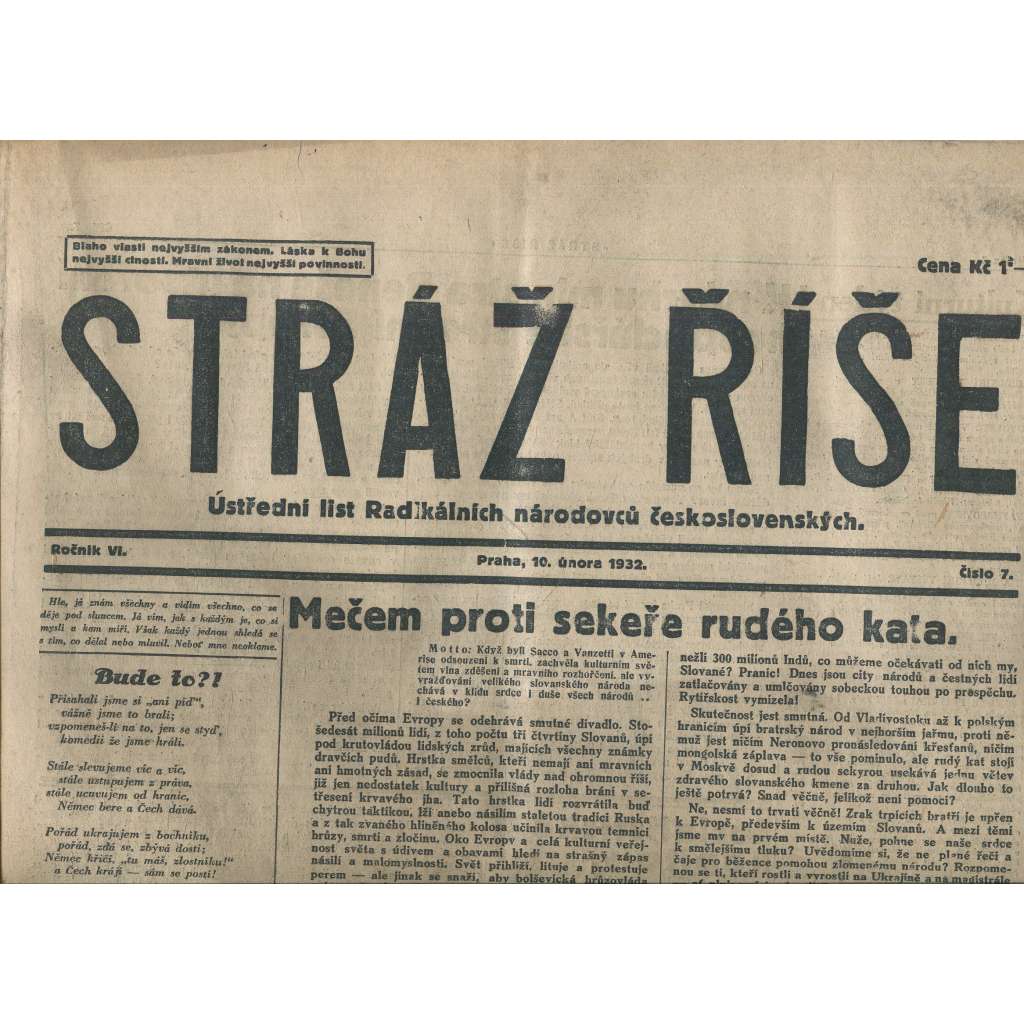 Stráž Říše, ročník VI., číslo 7/1932. Ústřední list Radikálních národovců československých (noviny, 1. republika)