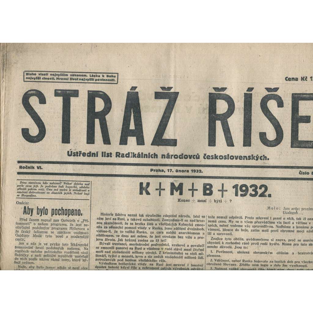 Stráž Říše, ročník VI., číslo 8/1932. Ústřední list Radikálních národovců československých (noviny, 1. republika)