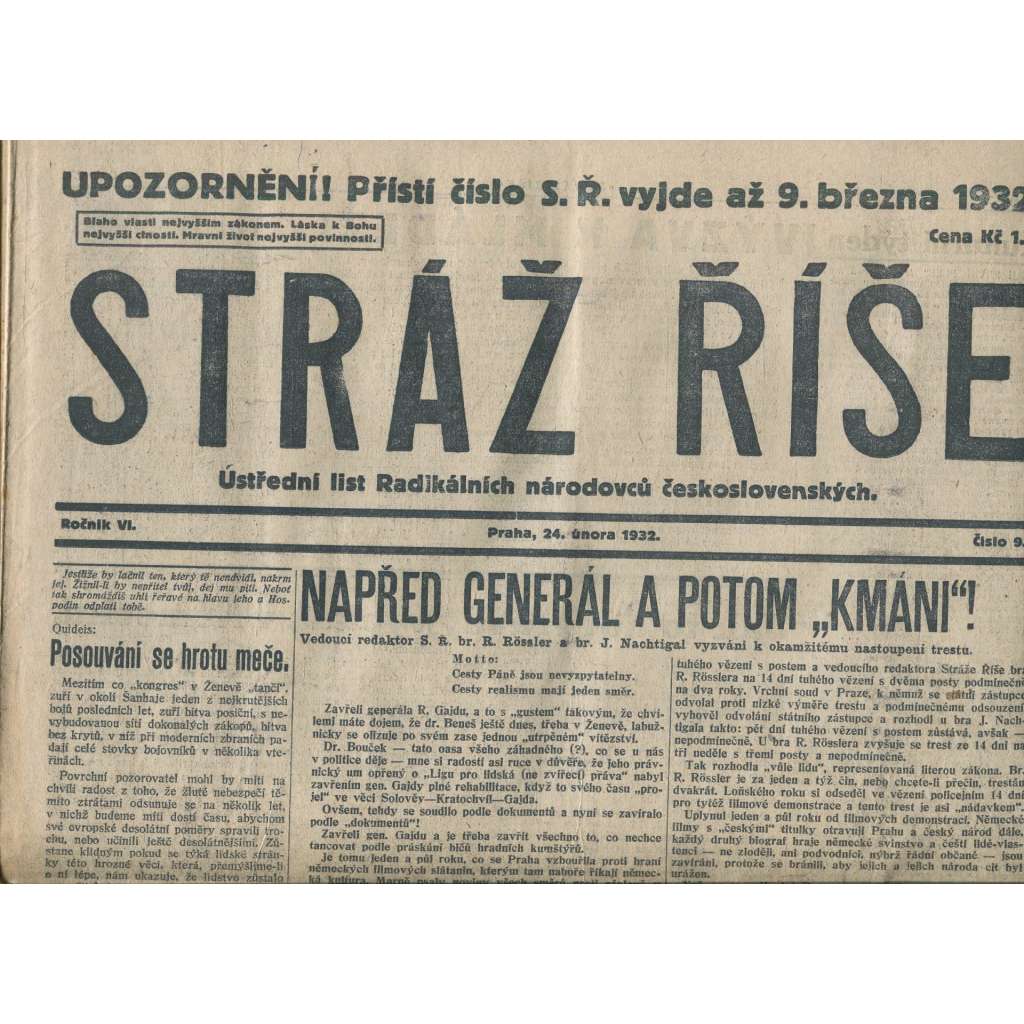 Stráž Říše, ročník VI., číslo 9/1932. Ústřední list Radikálních národovců československých (noviny, 1. republika)