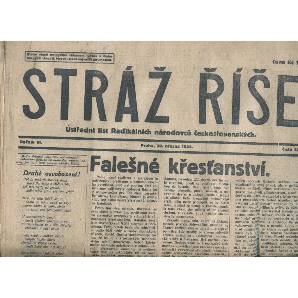 Stráž Říše, ročník VI., číslo 13/1932. Ústřední list Radikálních národovců československých (noviny, 1. republika)