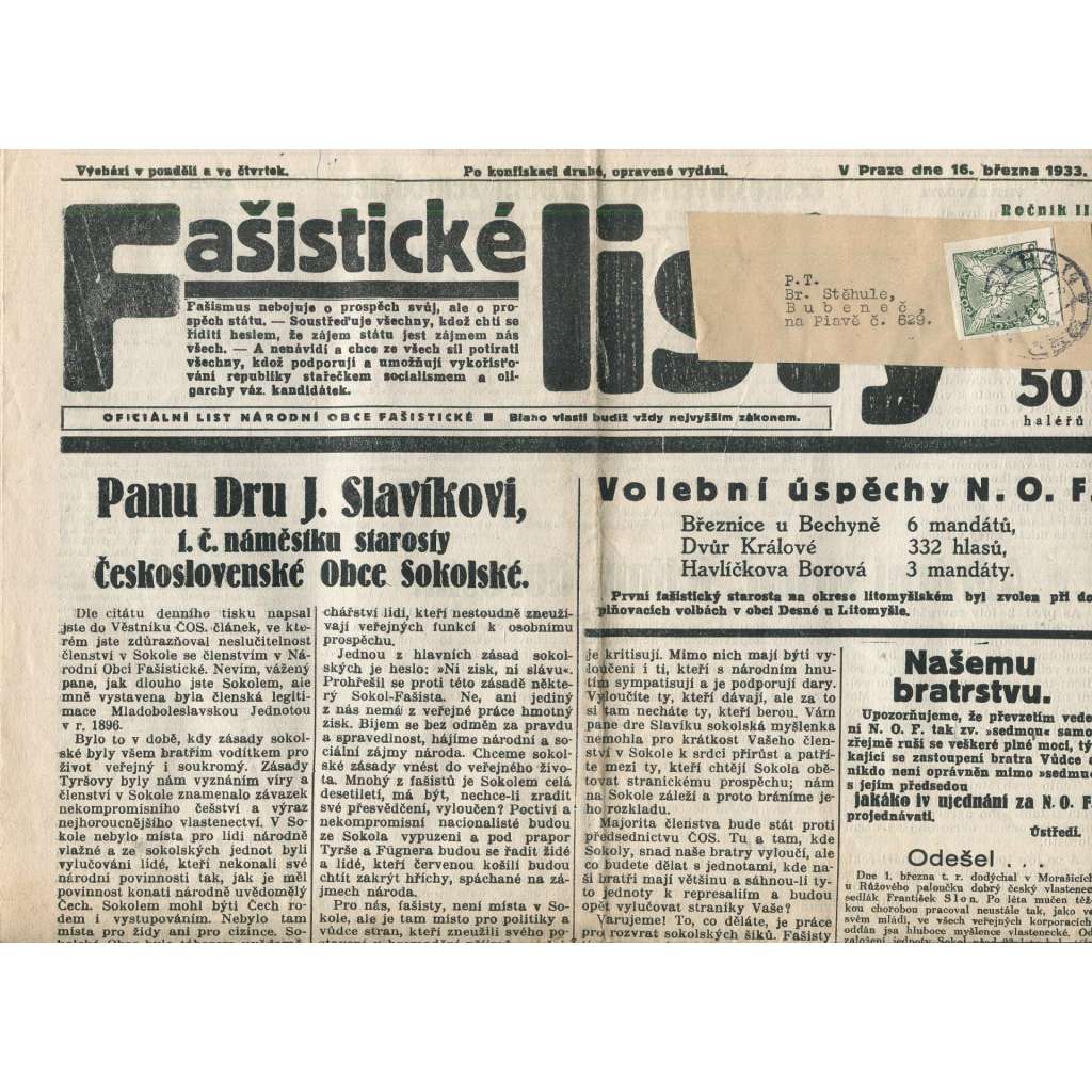 Fašistické listy, ročník III., číslo 22/1933. Oficiální list Národní obce fašistické (noviny, pravicová literatura, 1. republika)