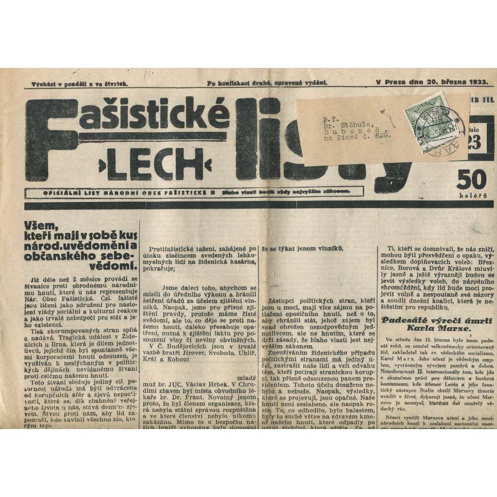 Fašistické listy, ročník III., číslo 23/1933. Oficiální list Národní obce fašistické (noviny, pravicová literatura, 1. republika)