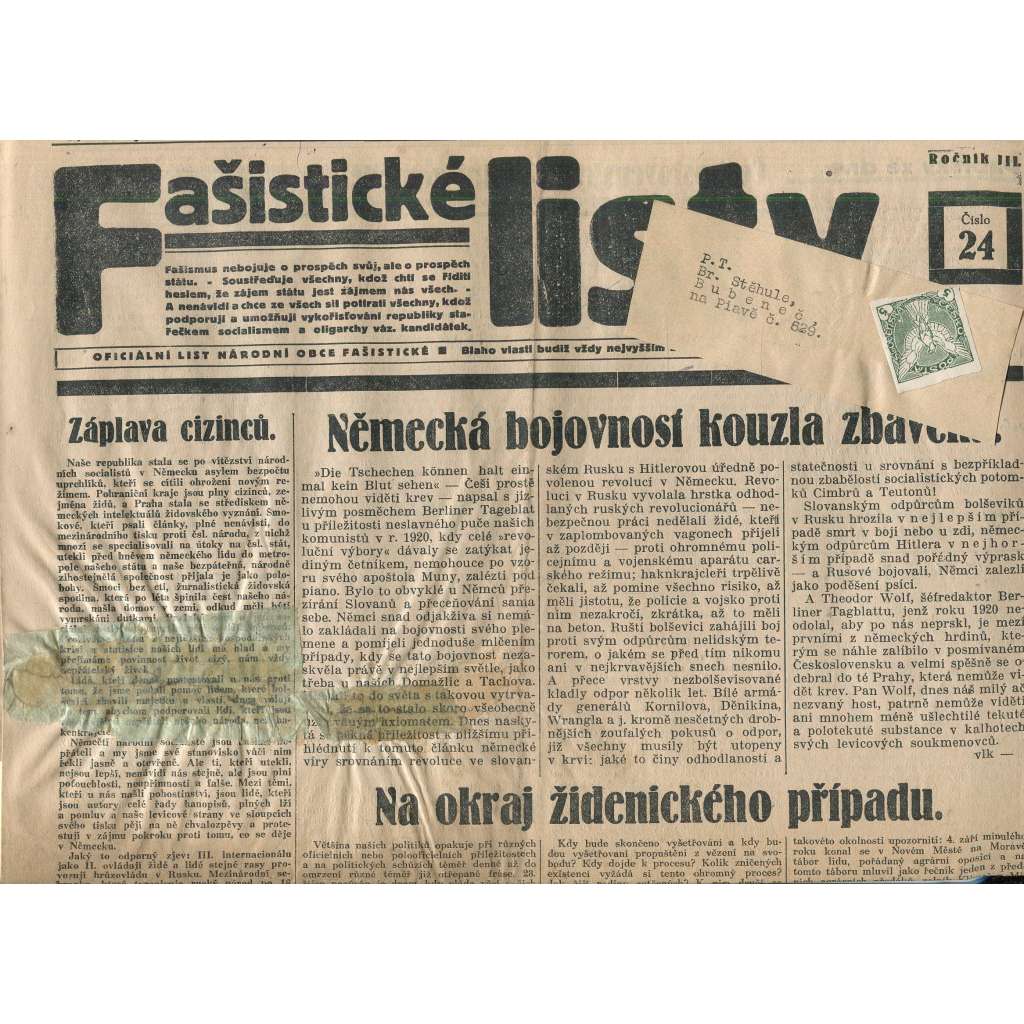 Fašistické listy, ročník III., číslo 24/1933. Oficiální list Národní obce fašistické (noviny, pravicová literatura, 1. republika)
