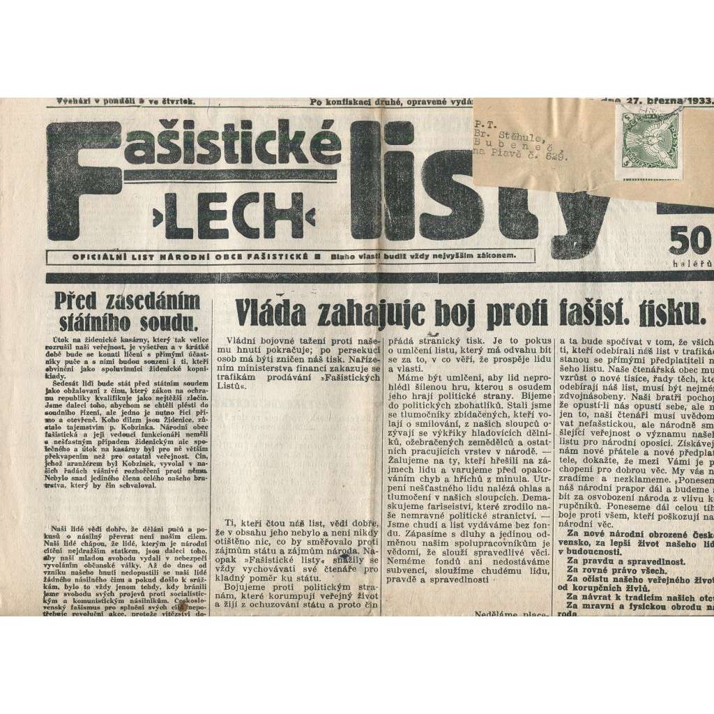 Fašistické listy, ročník III., číslo 25/1933. Oficiální list Národní obce fašistické (noviny, pravicová literatura, 1. republika)