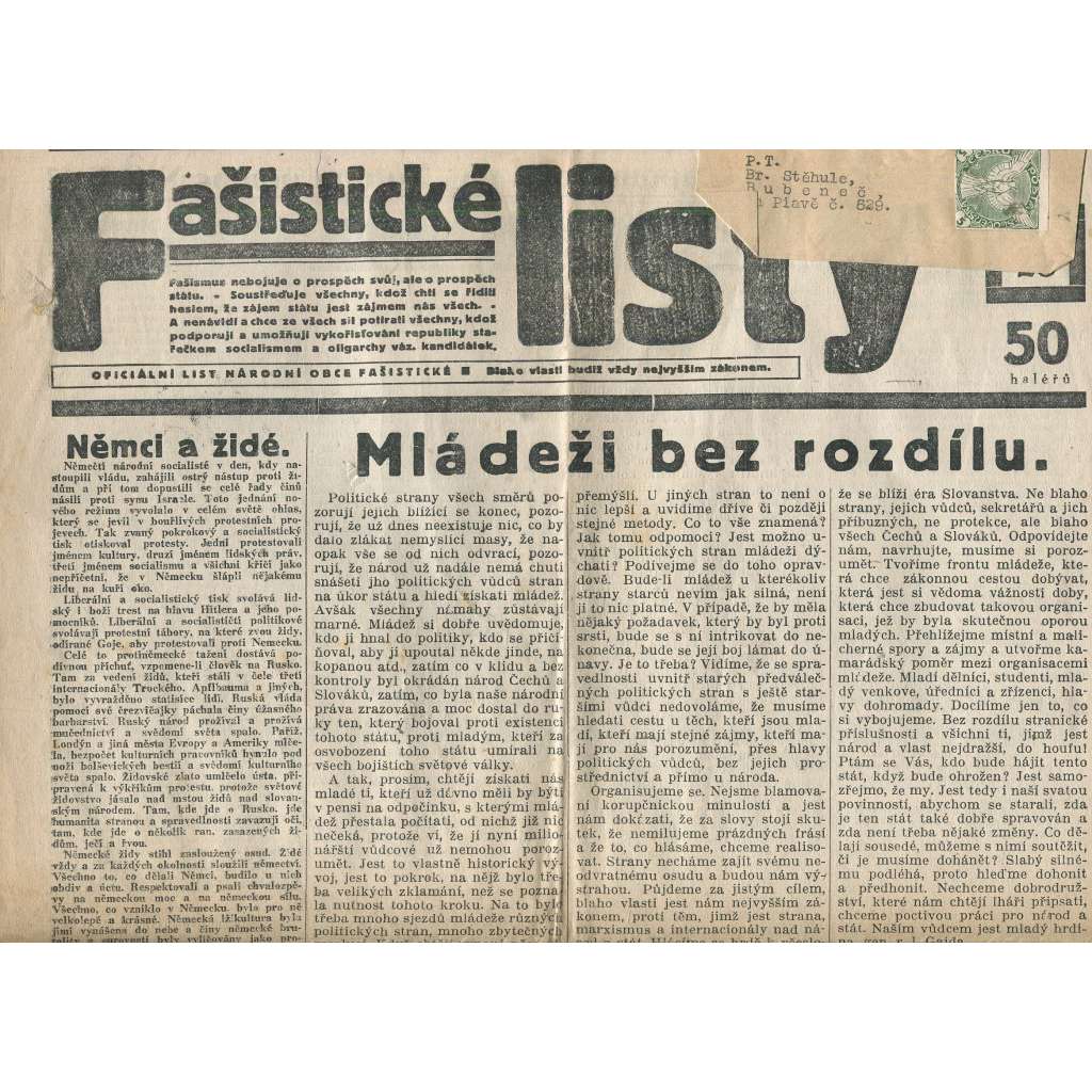 Fašistické listy, ročník III., číslo 28/1933. Oficiální list Národní obce fašistické (noviny, pravicová literatura, 1. republika)