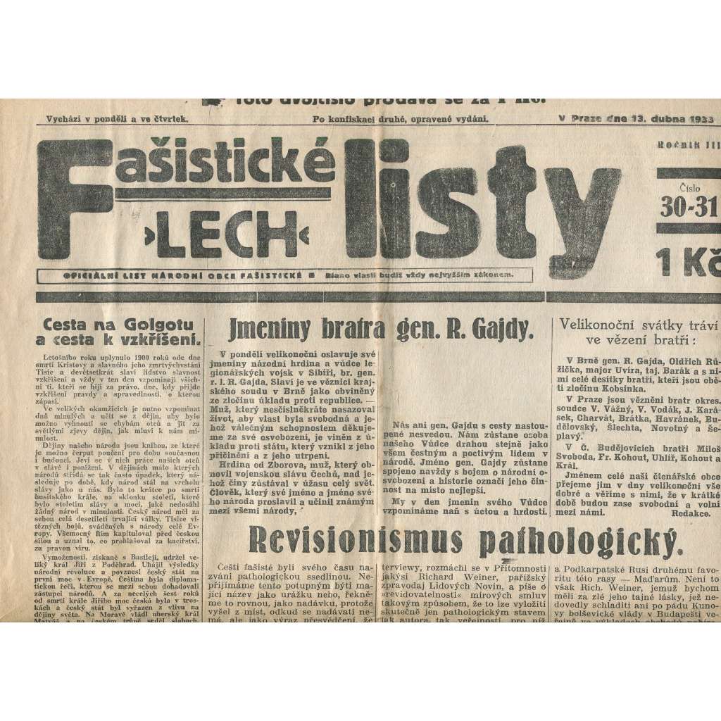 Fašistické listy, ročník III., číslo 30-31/1933. Oficiální list Národní obce fašistické (noviny, pravicová literatura, 1. republika)