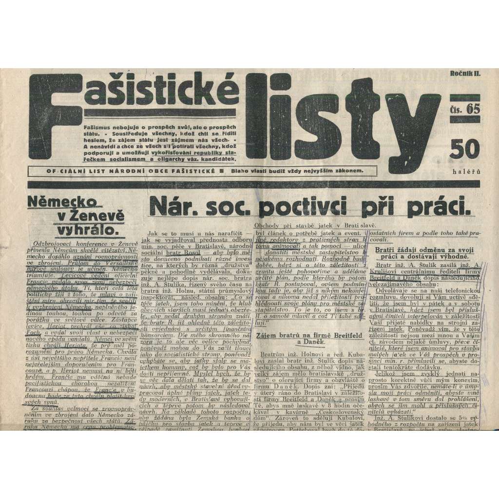Fašistické listy, ročník II., číslo 65/1932. Oficiální list Národní obce fašistické (noviny, pravicová literatura, 1. republika)