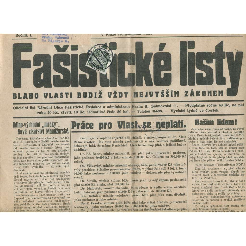 Fašistické listy, ročník I., číslo 2/1931. Oficiální list Národní obce fašistické (noviny, pravicová literatura, 1. republika)