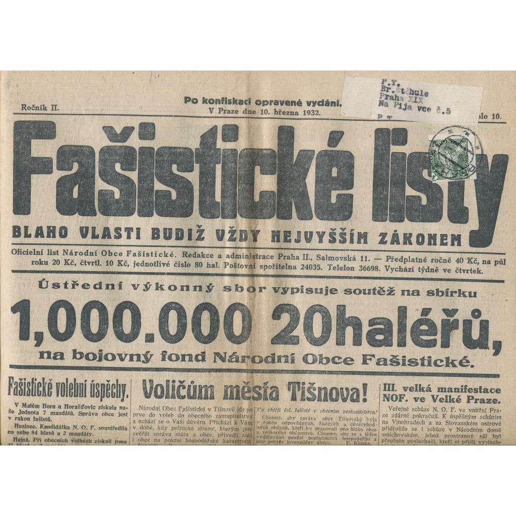 Fašistické listy, ročník II., číslo 10/1932. Oficiální list Národní obce fašistické (noviny, pravicová literatura, 1. republika)