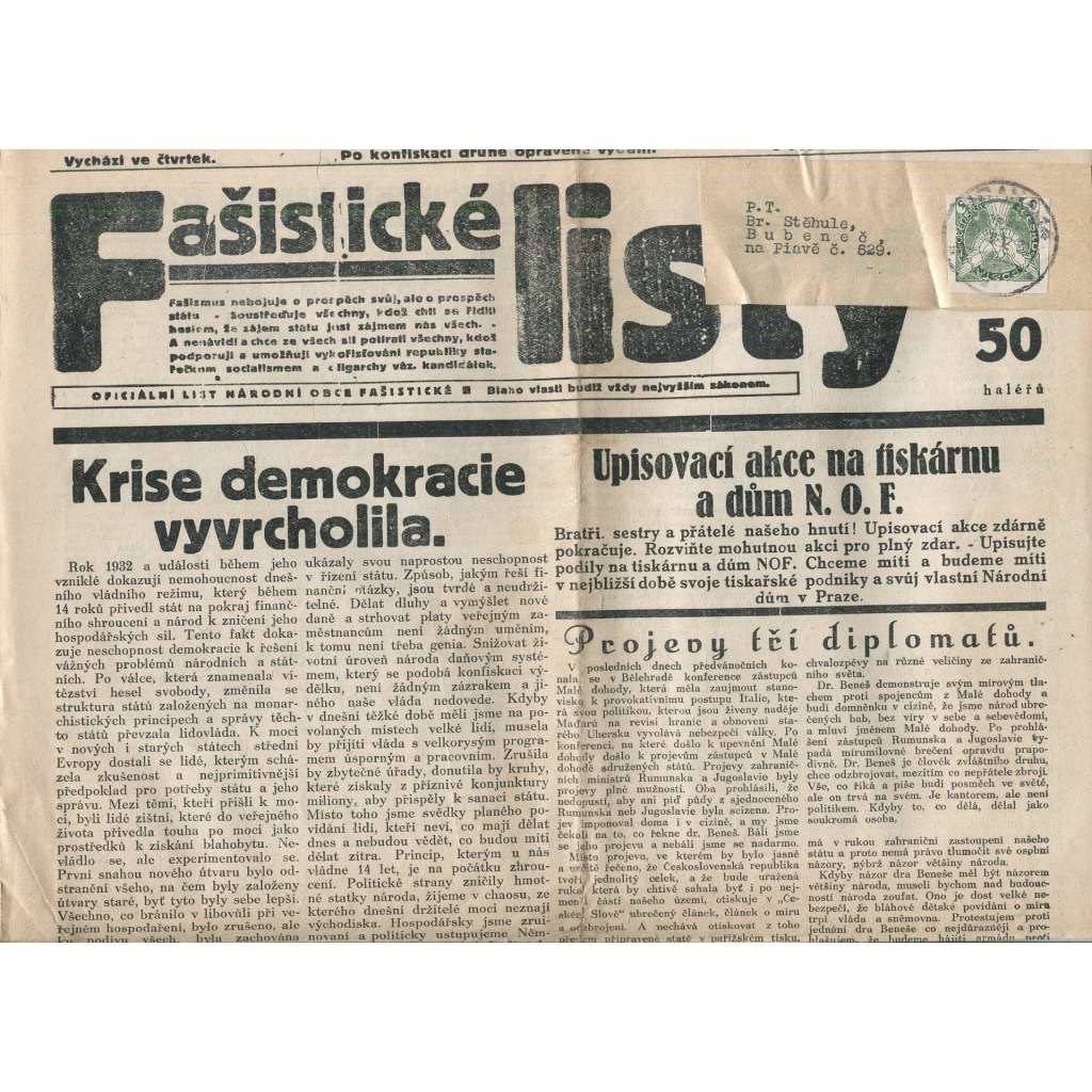 Fašistické listy, ročník II., číslo 69/1932. Oficiální list Národní obce fašistické (noviny, pravicová literatura, 1. republika)