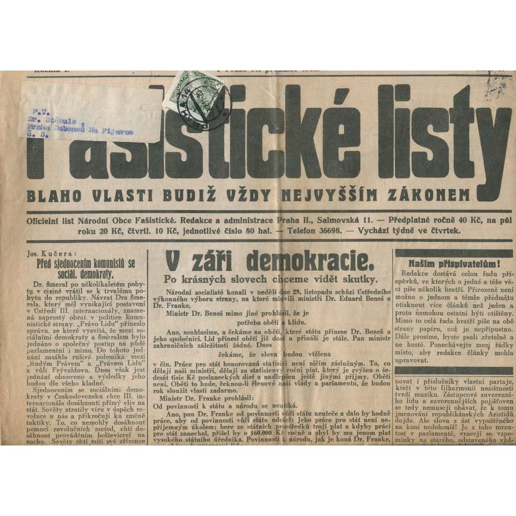 Fašistické listy, ročník I., číslo 5/1931. Oficiální list Národní obce fašistické (noviny, pravicová literatura, 1. republika)