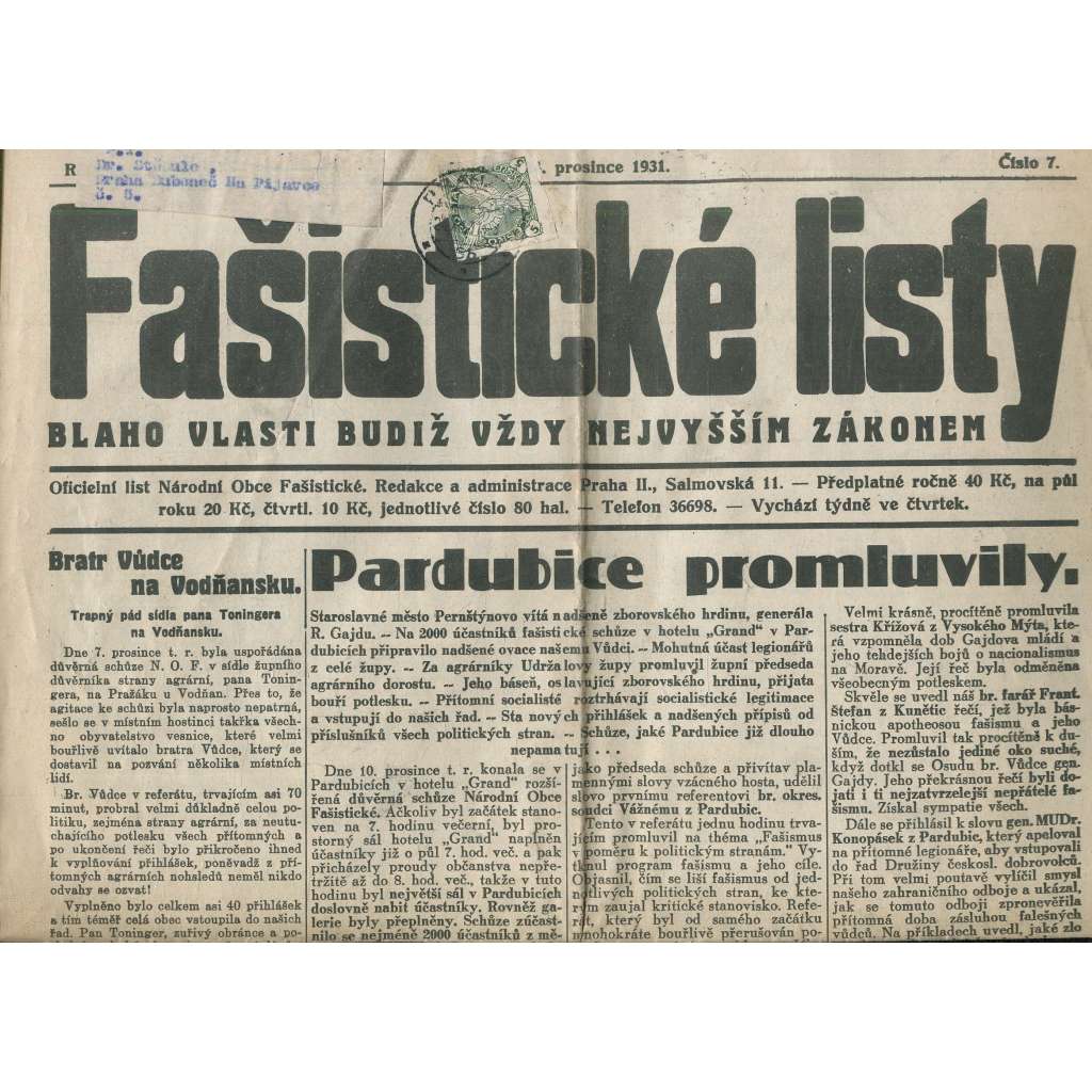 Fašistické listy, ročník I., číslo 7/1931. Oficiální list Národní obce fašistické (noviny, pravicová literatura, 1. republika)