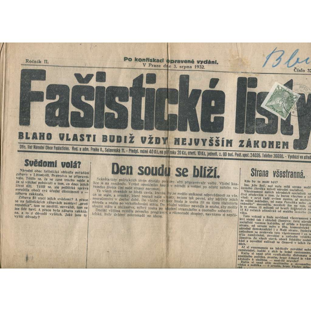 Fašistické listy, ročník II., číslo 32/1932. Oficiální list Národní obce fašistické (noviny, pravicová literatura, 1. republika)