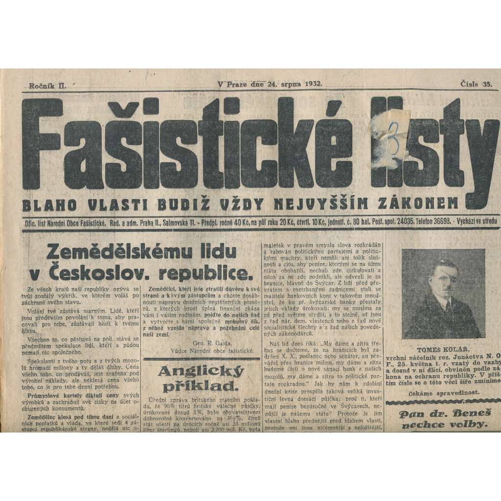 Fašistické listy, ročník II., číslo 35/1932. Oficiální list Národní obce fašistické (noviny, pravicová literatura, 1. republika)