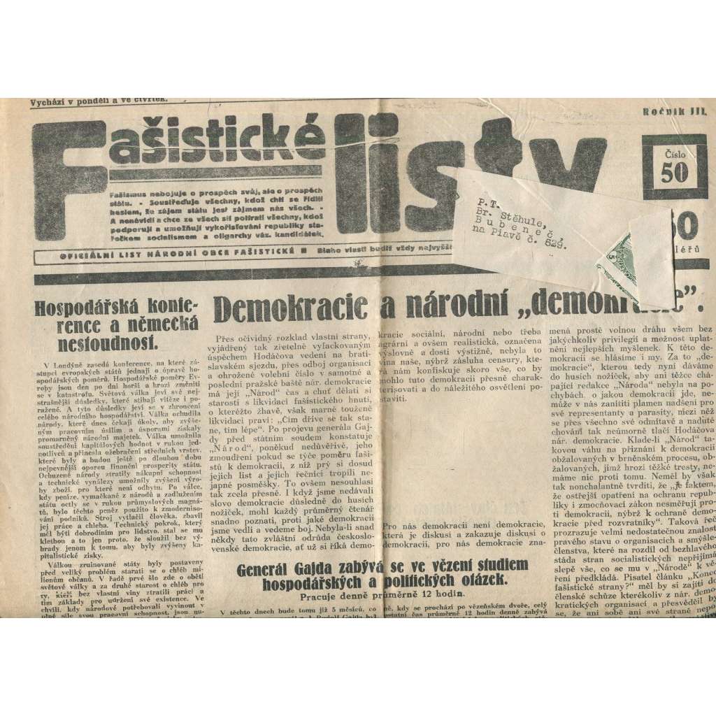 Fašistické listy, ročník III., číslo 50/1933. Oficiální list Národní obce fašistické (noviny, pravicová literatura, 1. republika)