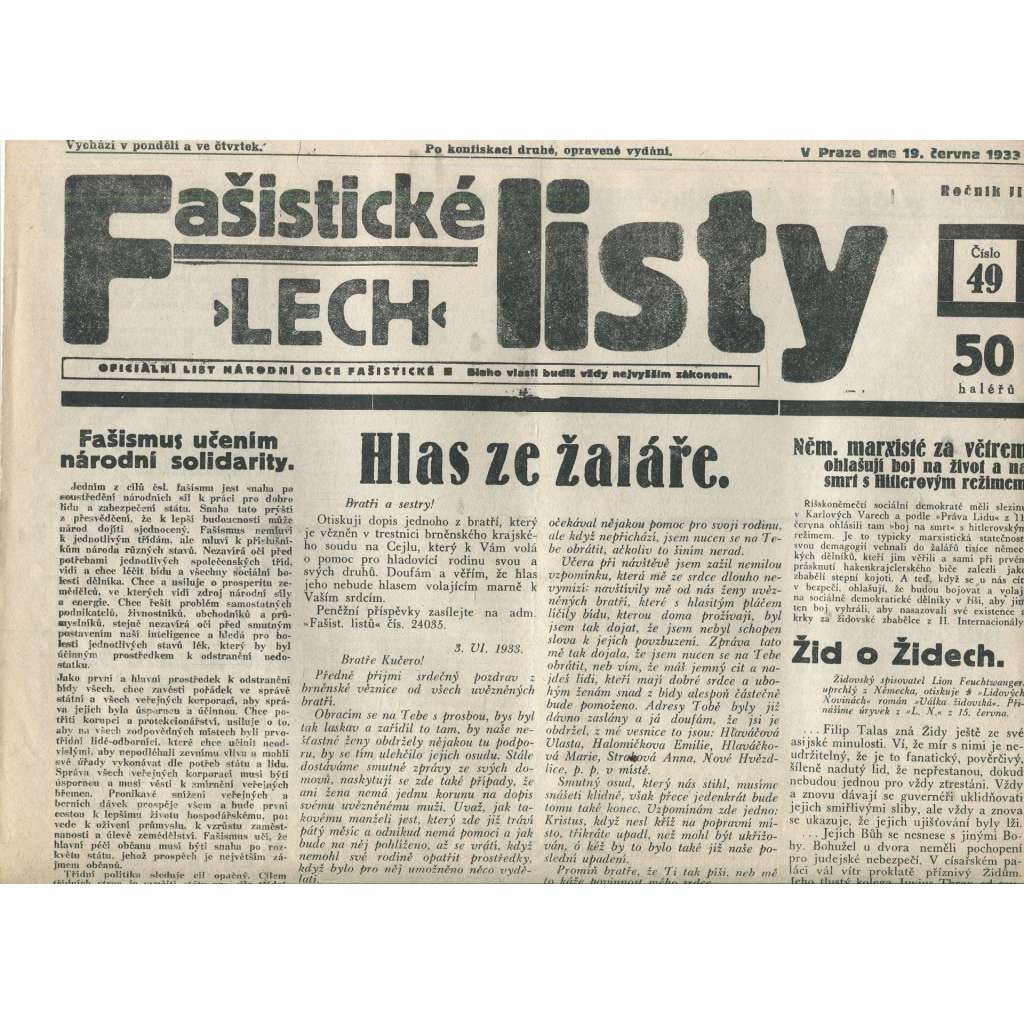 Fašistické listy, ročník III., číslo 49/1933. Oficiální list Národní obce fašistické (noviny, pravicová literatura, 1. republika)