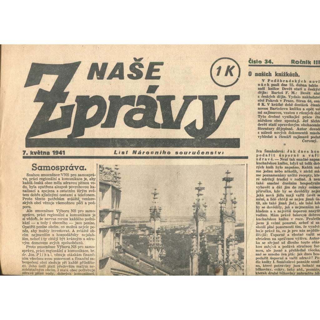 Naše zprávy, ročník III., číslo 34/1941. List Národního souručenství (noviny, protektorát)