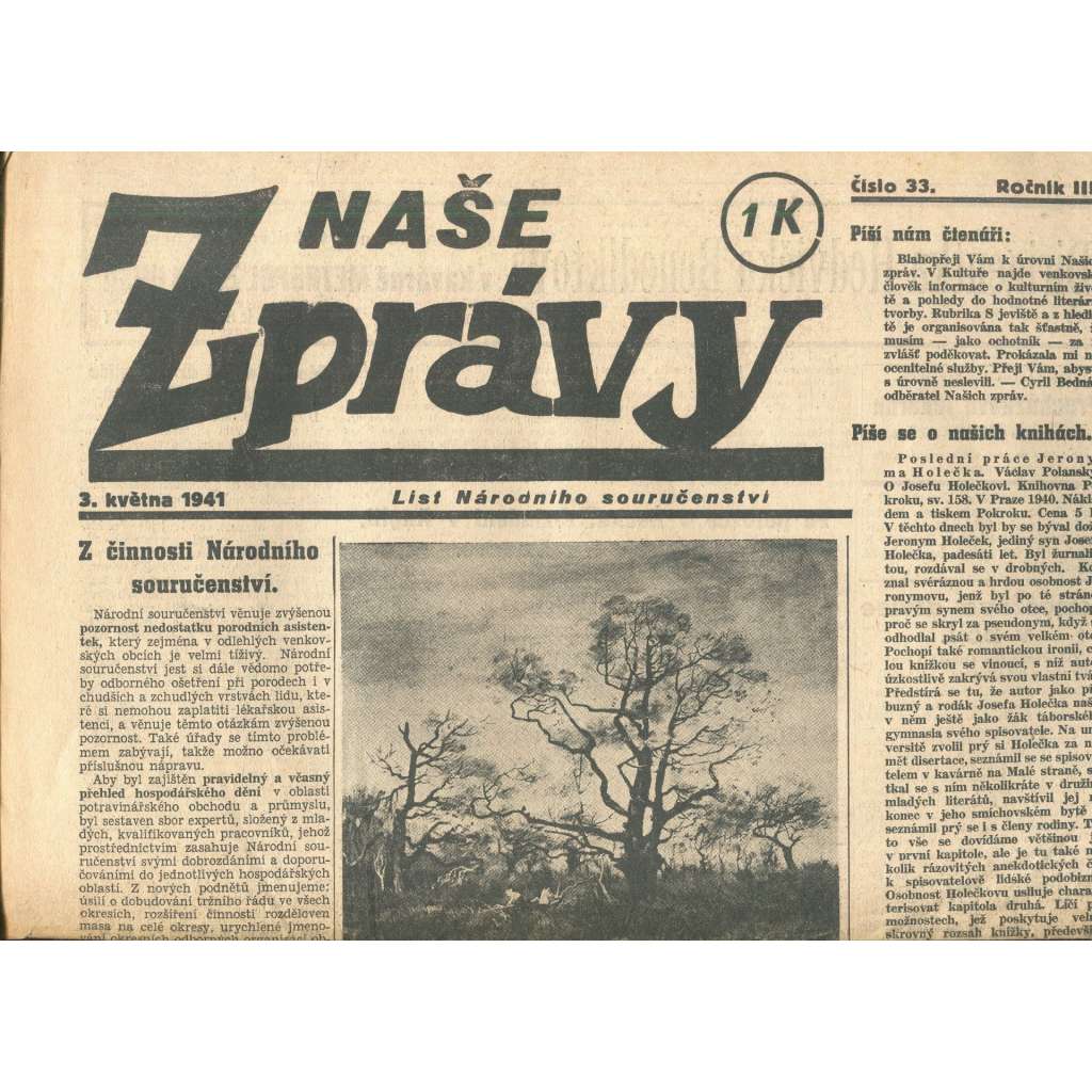 Naše zprávy, ročník III., číslo 33/1941. List Národního souručenství (noviny, protektorát)