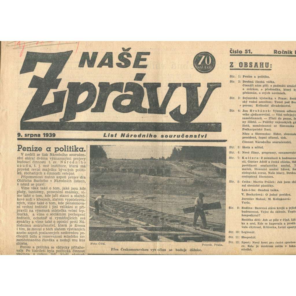 Naše zprávy, ročník I., číslo 51/1939. List Národního souručenství (noviny, protektorát)