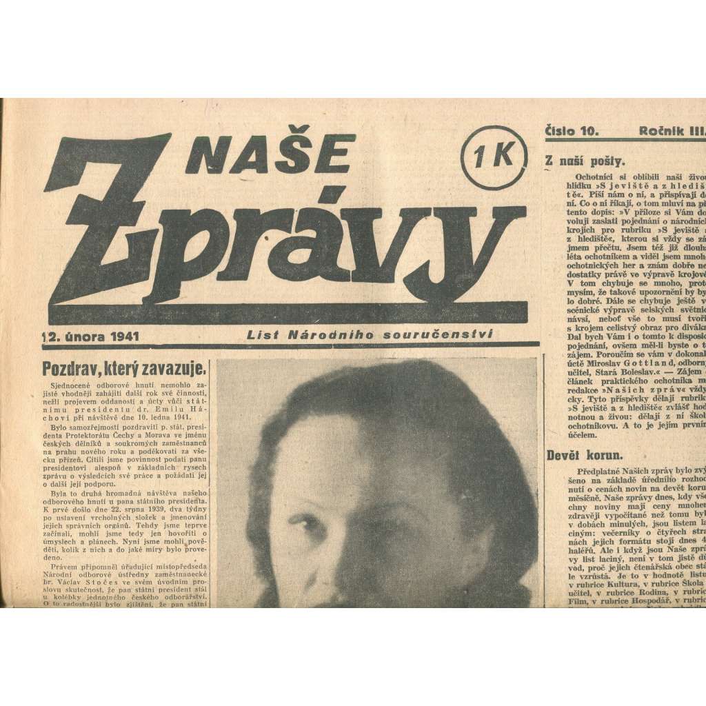 Naše zprávy, ročník III., číslo 10/1941. List Národního souručenství (noviny, protektorát)