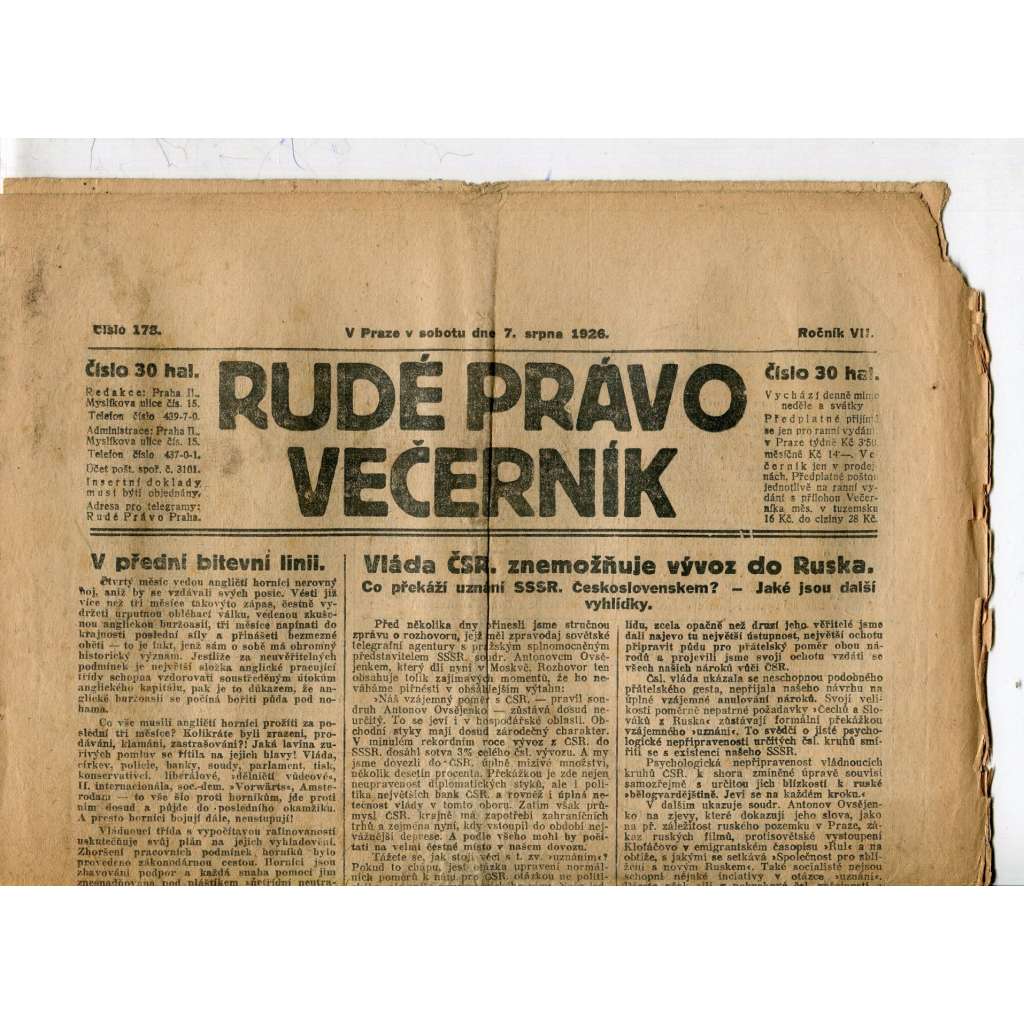 Rudé právo - večerník, ročník VII., číslo 178 (7.8.1926) - staré noviny, 1. republika