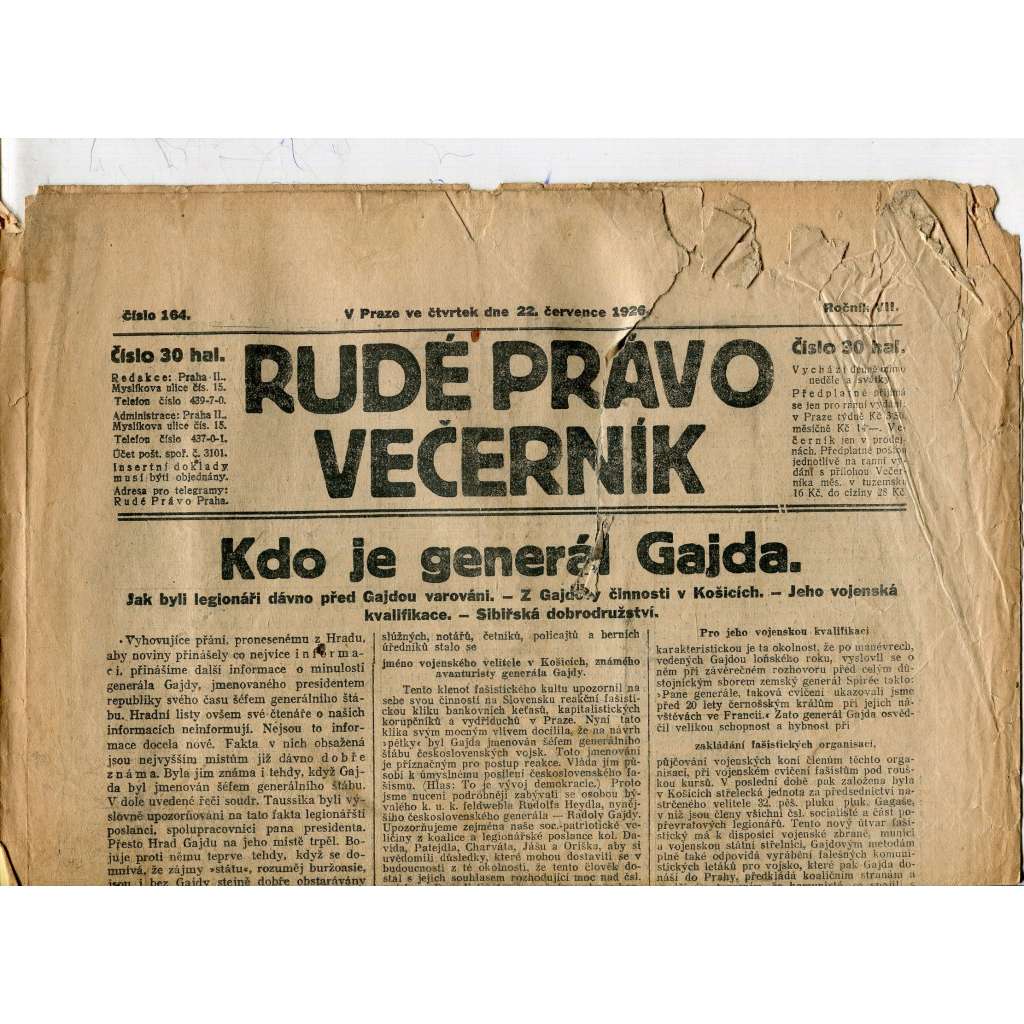 Rudé právo - večerník, ročník VII., číslo 164 (22. 7. 1926) - staré noviny, 1. republika (pošk.)