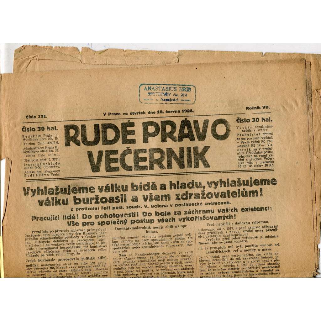 Rudé právo - večerník, ročník VII., číslo 131 (10.6.1926) - staré noviny, 1. republika