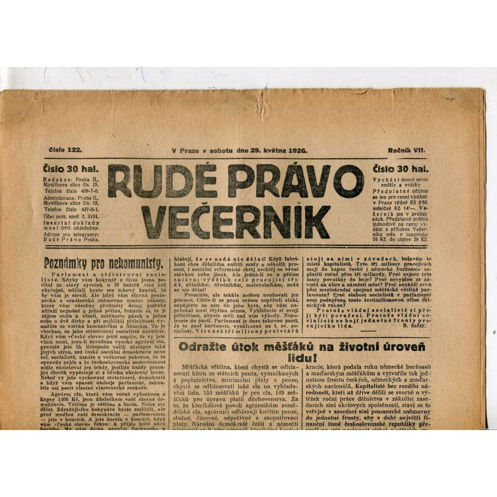 Rudé právo - večerník, ročník VII., číslo 122 (9.5.1926) - staré noviny, 1. republika
