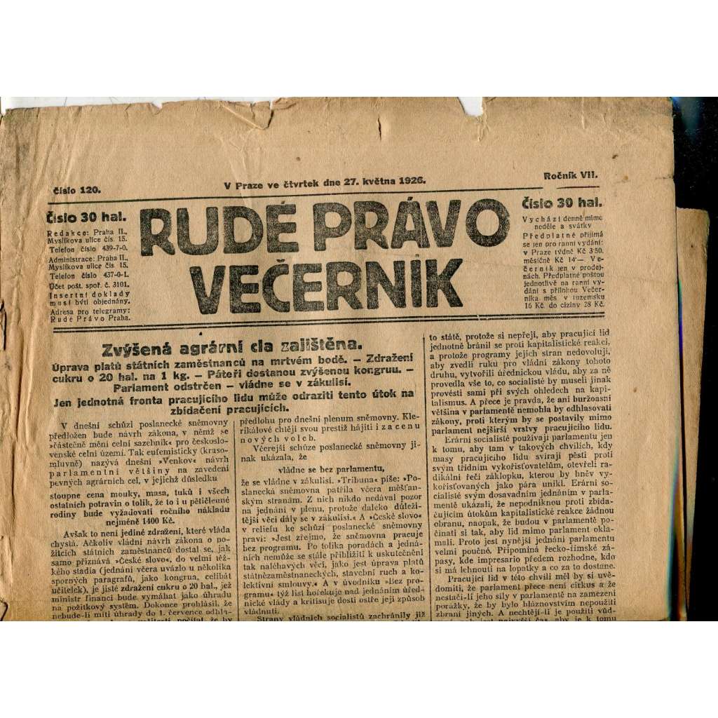 Rudé právo - večerník, ročník VII., číslo 120 (27.5.1926) - staré noviny, 1. republika